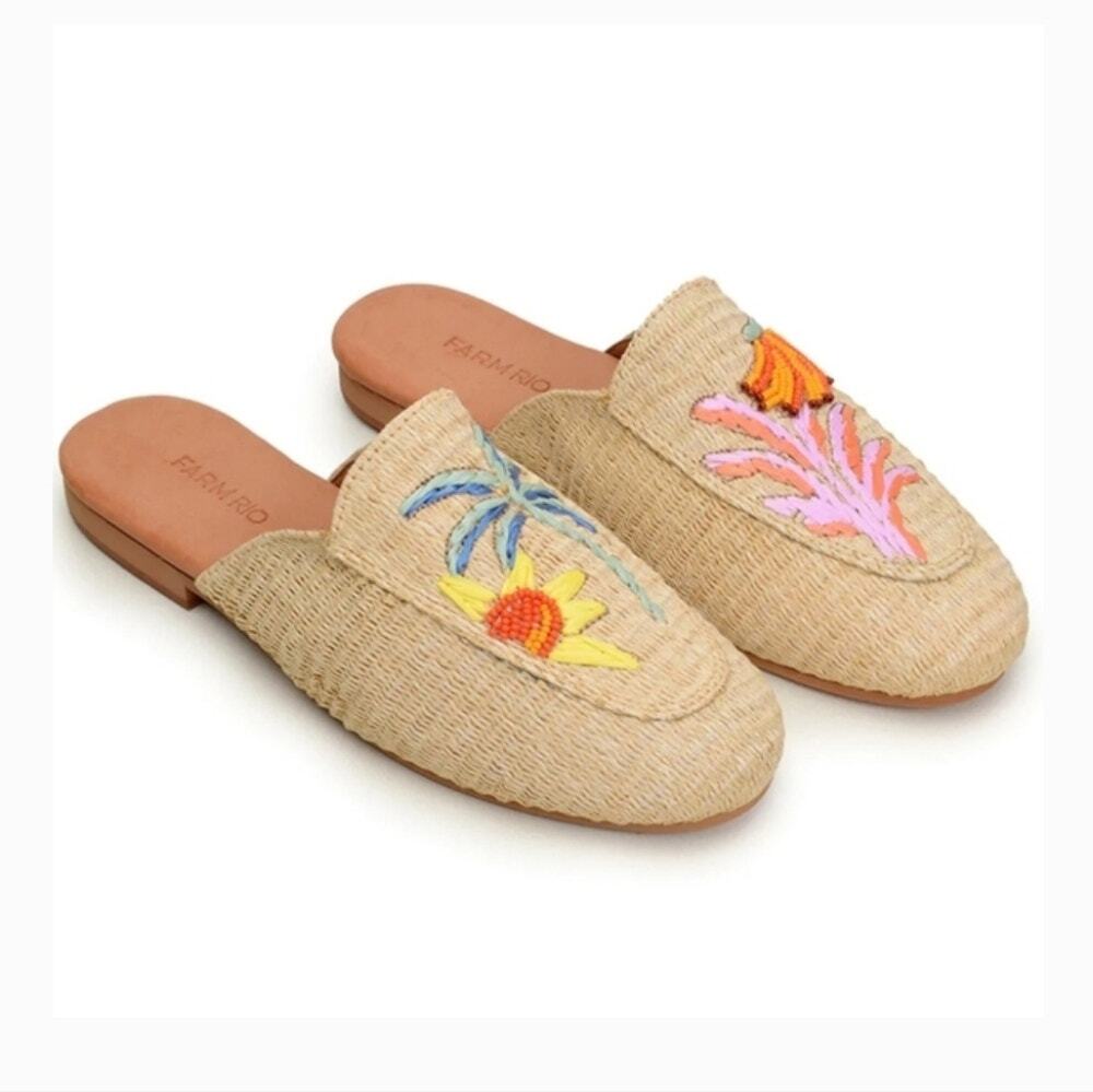 FARM Rio Tropical Beaded Embroidered Raffia Mule Flats Size 6.5 - Picture 1 of 7